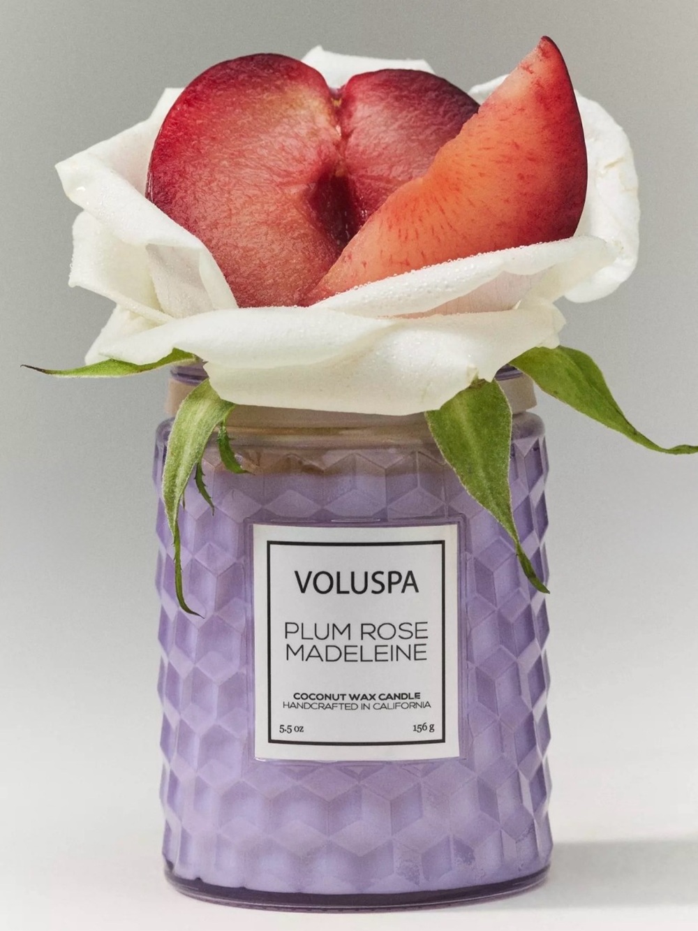 Anthropologie NWT Voluspa Large Floral Plum Rose Madeleine Glass Candle